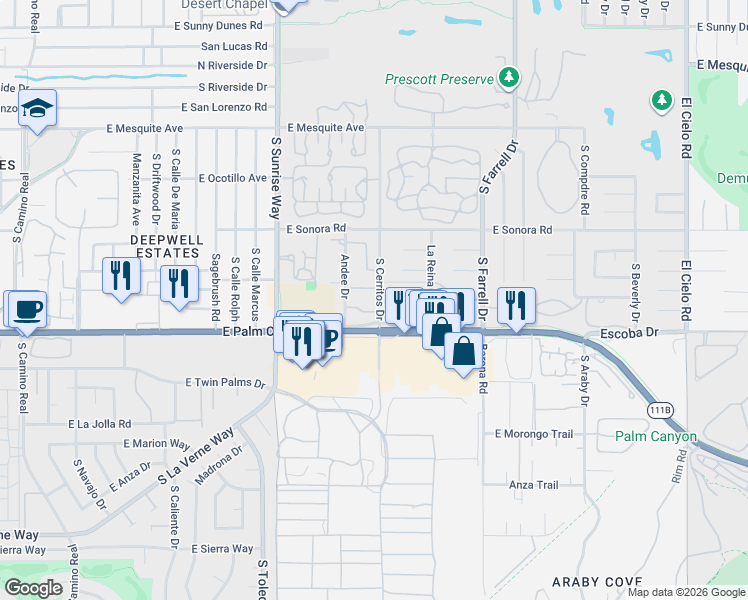 map of restaurants, bars, coffee shops, grocery stores, and more near 2026 Normandy Court in Palm Springs
