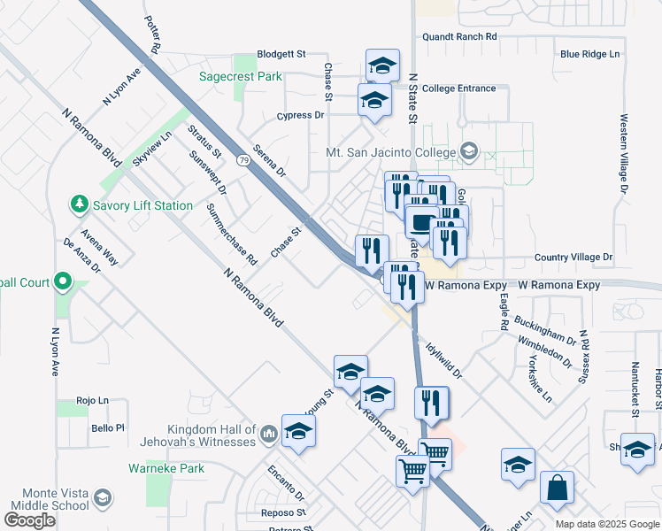 map of restaurants, bars, coffee shops, grocery stores, and more near 1209 Raintree Lane in San Jacinto
