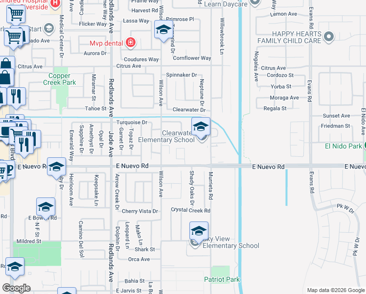 map of restaurants, bars, coffee shops, grocery stores, and more near 650 Catamaran Way in Perris