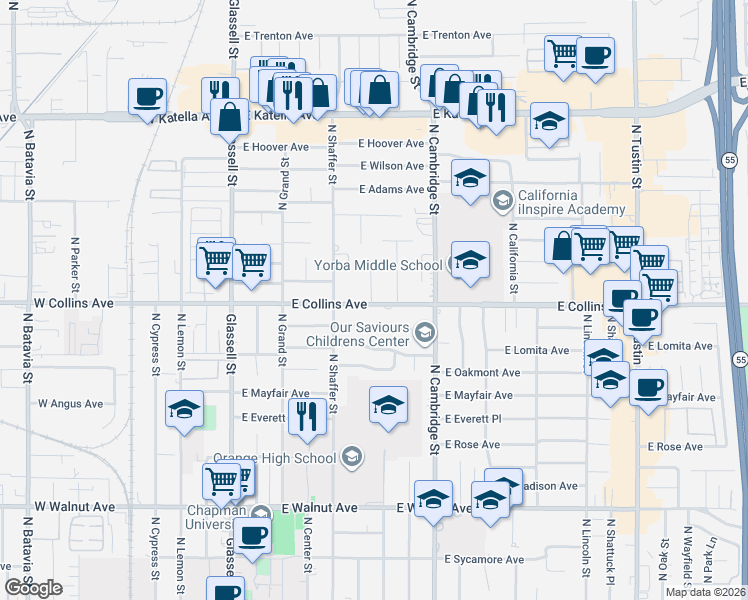 map of restaurants, bars, coffee shops, grocery stores, and more near 908 North Cleveland Street in Orange