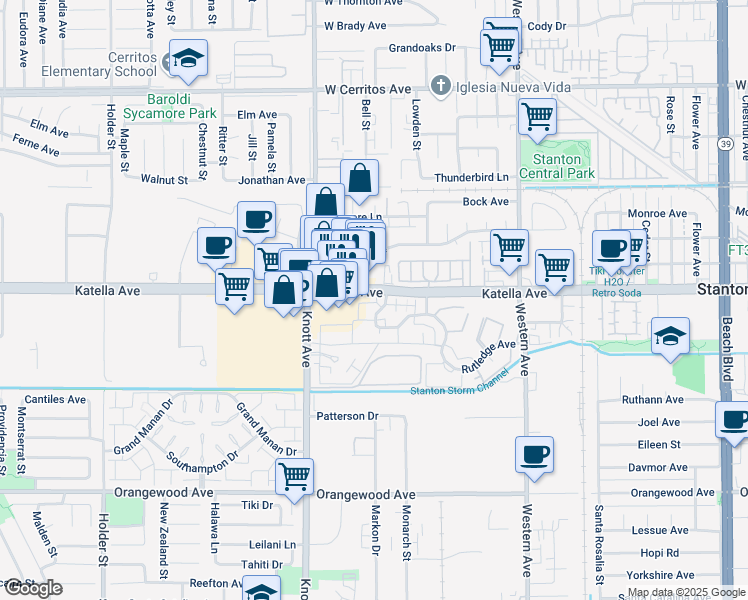 map of restaurants, bars, coffee shops, grocery stores, and more near 11010 Augusta Way in Stanton