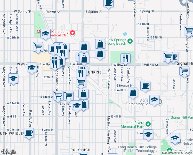 map of restaurants, bars, coffee shops, grocery stores, and more near 2490 Olive Avenue in Long Beach