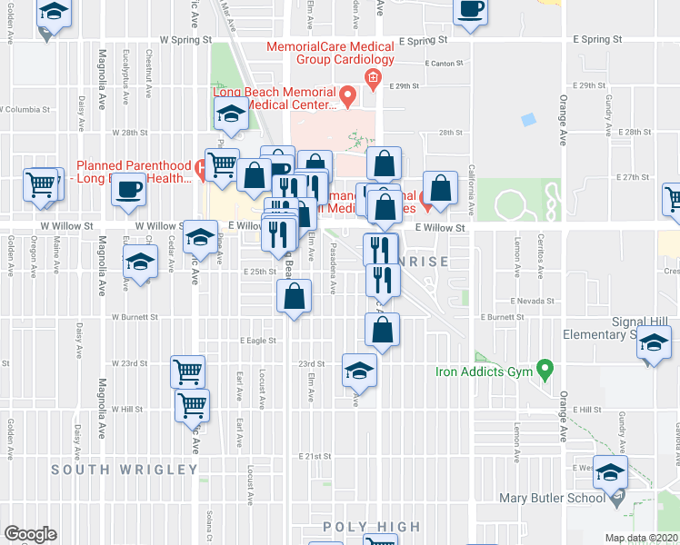 map of restaurants, bars, coffee shops, grocery stores, and more near 2495 Linden Avenue in Long Beach