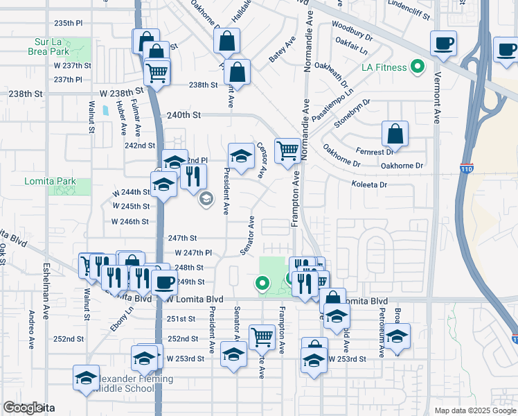 map of restaurants, bars, coffee shops, grocery stores, and more near 1407 West 245th Street in Los Angeles
