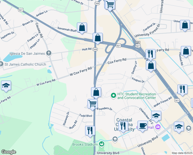 map of restaurants, bars, coffee shops, grocery stores, and more near 578 Corporal Dennis Lyden Memorial Highway in Conway