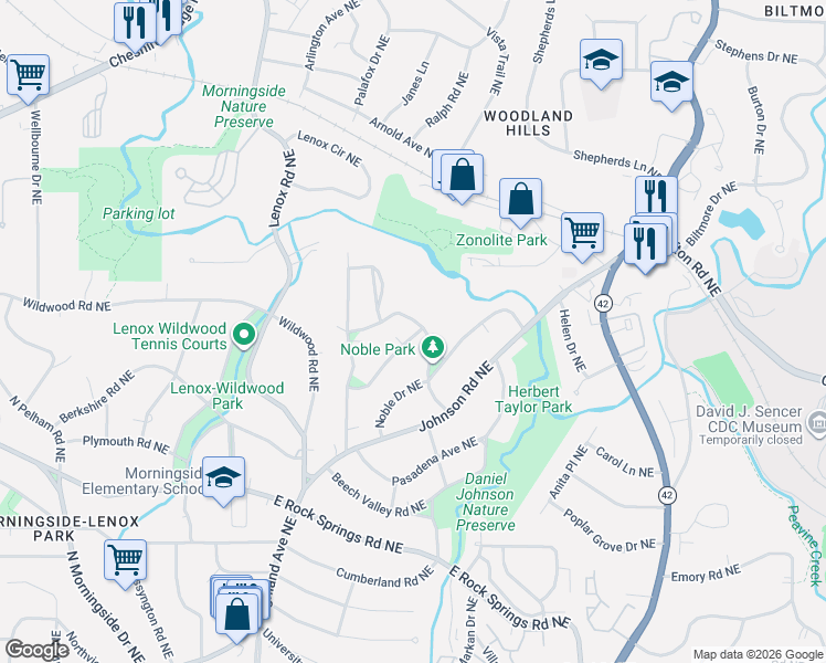 map of restaurants, bars, coffee shops, grocery stores, and more near 1751 Meadowdale Avenue Northeast in Atlanta