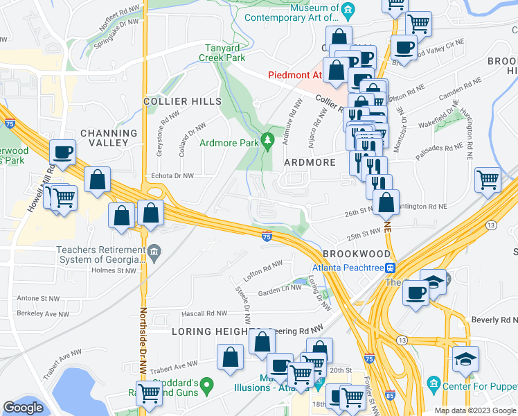 map of restaurants, bars, coffee shops, grocery stores, and more near 216 Semel Drive in Atlanta