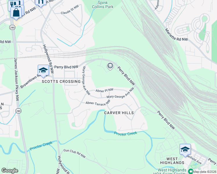 map of restaurants, bars, coffee shops, grocery stores, and more near 2271 Abner Place Northwest in Atlanta