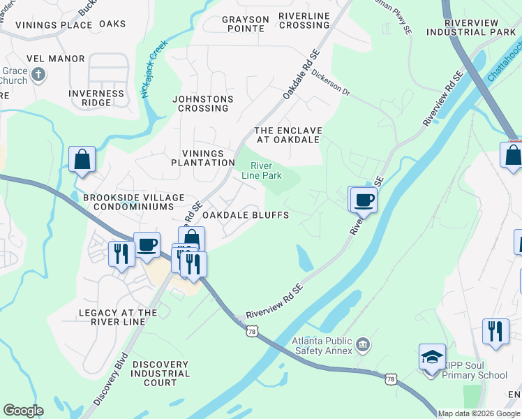 map of restaurants, bars, coffee shops, grocery stores, and more near 6139 Indian Wood Circle in Mableton