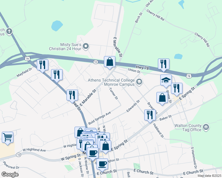 map of restaurants, bars, coffee shops, grocery stores, and more near 332 Turner Street in Monroe