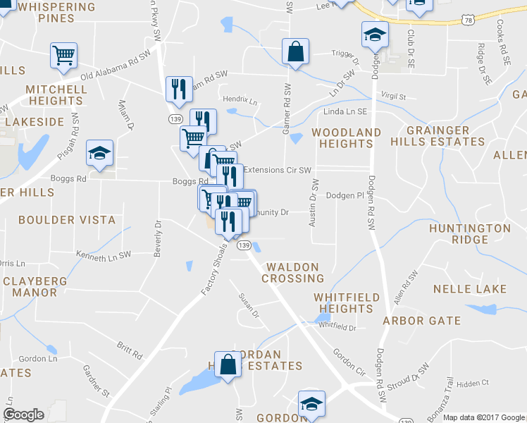 map of restaurants, bars, coffee shops, grocery stores, and more near 376 Community Drive in Mableton