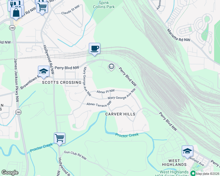 map of restaurants, bars, coffee shops, grocery stores, and more near 2271 Abner Place Northwest in Atlanta