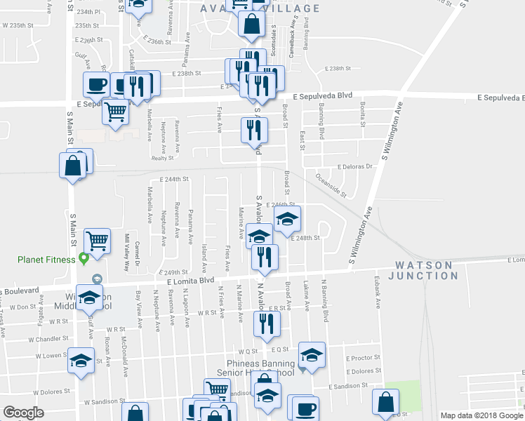 map of restaurants, bars, coffee shops, grocery stores, and more near 24606 Avalon Boulevard in Los Angeles