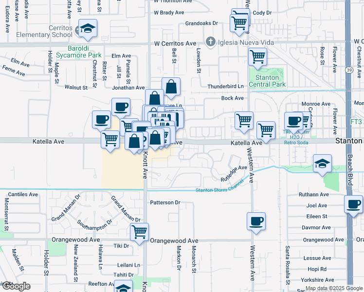 map of restaurants, bars, coffee shops, grocery stores, and more near 11010 Augusta Way in Stanton