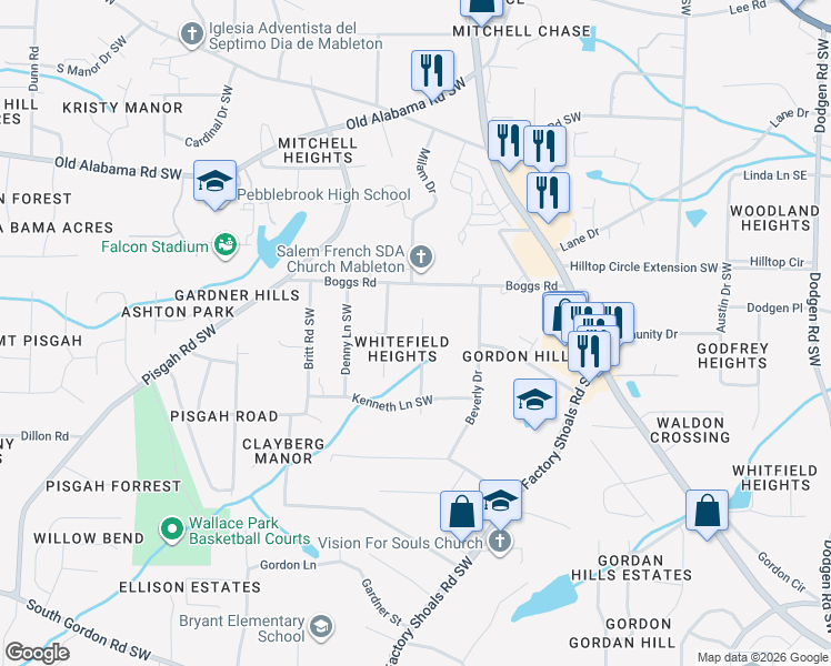 map of restaurants, bars, coffee shops, grocery stores, and more near 6214 Vera Lane Southwest in Mableton
