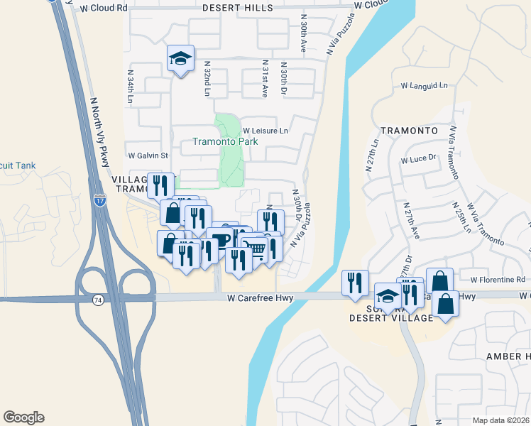 map of restaurants, bars, coffee shops, grocery stores, and more near 35006 North 31st Avenue in Phoenix