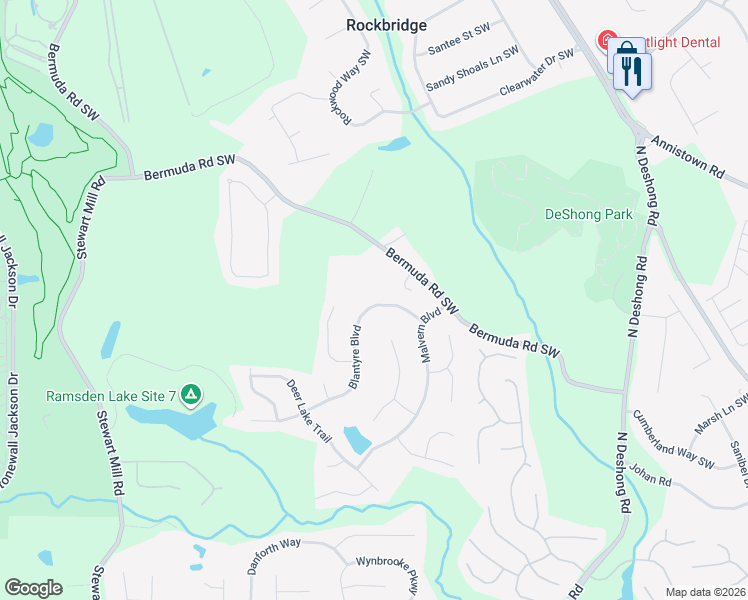 map of restaurants, bars, coffee shops, grocery stores, and more near 6864 Blantyre Boulevard in Stone Mountain