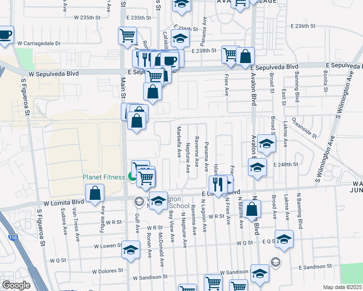 map of restaurants, bars, coffee shops, grocery stores, and more near 24522 Marbella Avenue in Carson