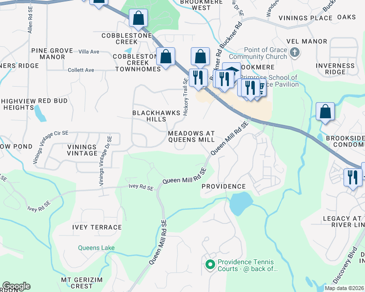 map of restaurants, bars, coffee shops, grocery stores, and more near 835 Brickleridge Lane Southeast in Mableton