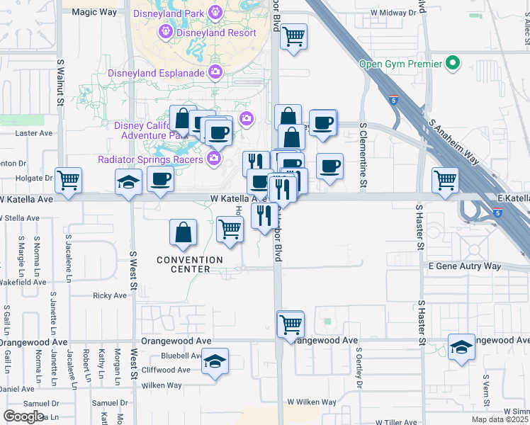 map of restaurants, bars, coffee shops, grocery stores, and more near 1831 South Harbor Boulevard in Anaheim