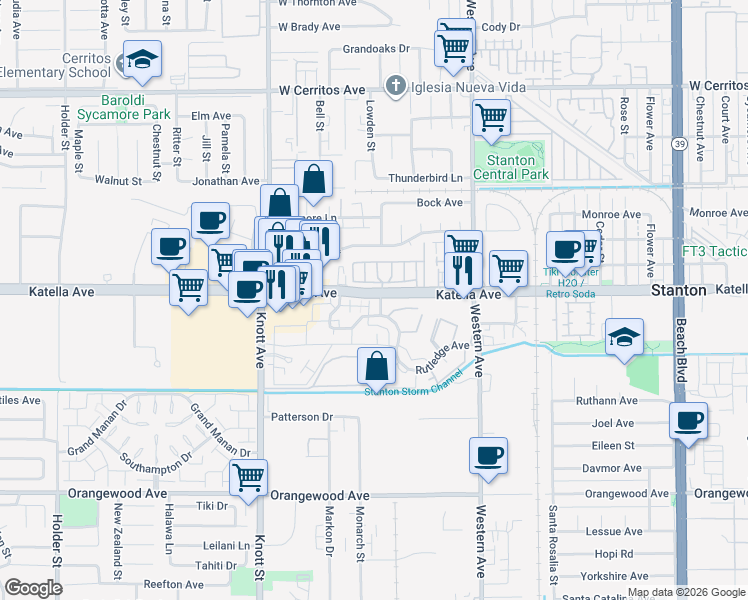 map of restaurants, bars, coffee shops, grocery stores, and more near 7227 Newton Way in Stanton