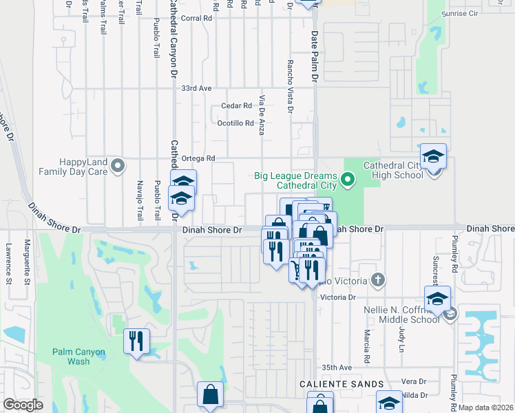 map of restaurants, bars, coffee shops, grocery stores, and more near 33851 Via De Anza in Cathedral City