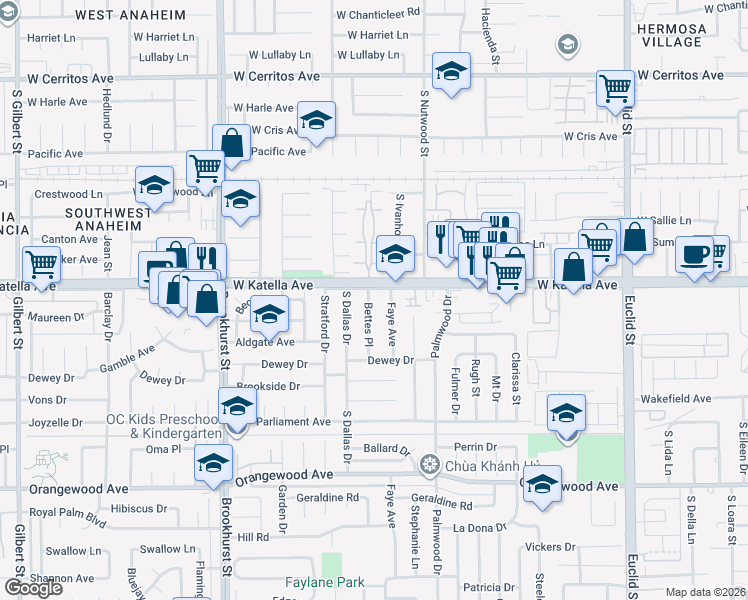 map of restaurants, bars, coffee shops, grocery stores, and more near 11042 Bettes Place in Garden Grove