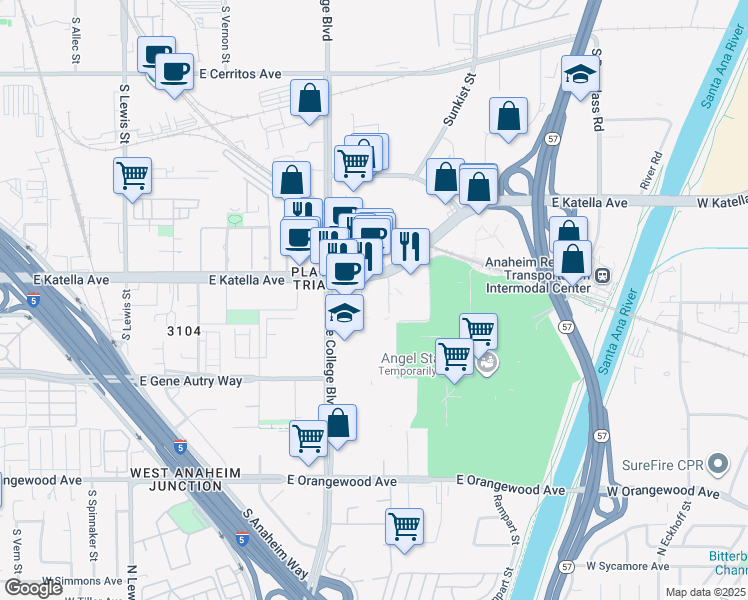 map of restaurants, bars, coffee shops, grocery stores, and more near 2110 East Katella Avenue in Anaheim