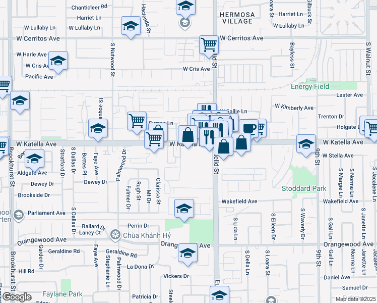 map of restaurants, bars, coffee shops, grocery stores, and more near 10840 Katella Avenue in Garden Grove