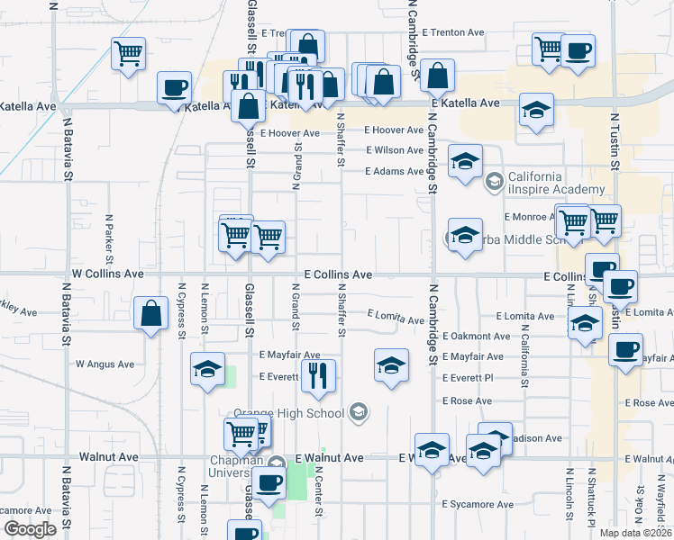 map of restaurants, bars, coffee shops, grocery stores, and more near 495 East Collins Avenue in Orange