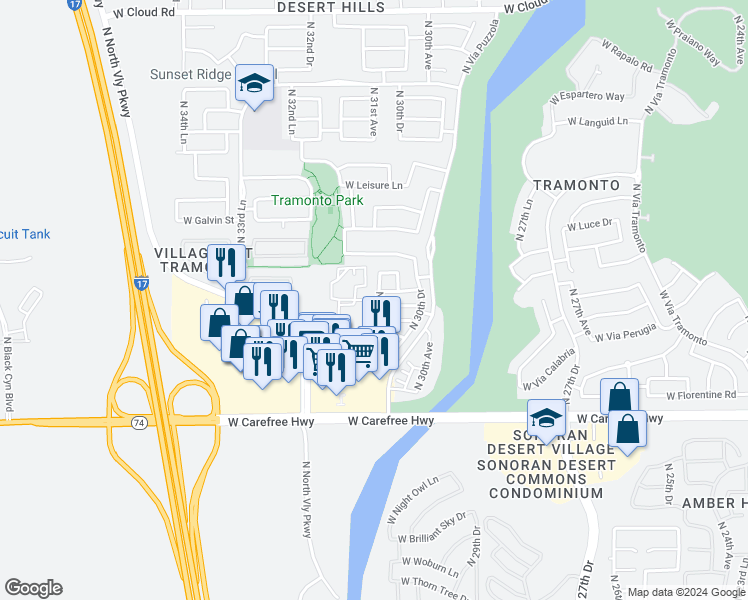 map of restaurants, bars, coffee shops, grocery stores, and more near 35006 North 31st Avenue in Phoenix