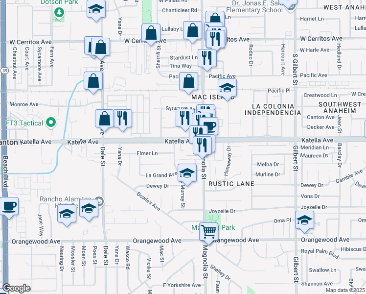 map of restaurants, bars, coffee shops, grocery stores, and more near 8892 Katella Avenue in Anaheim