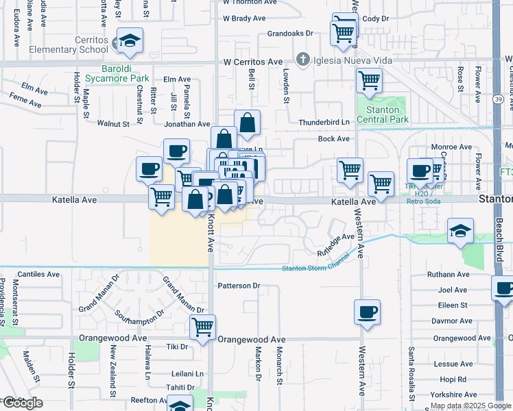 map of restaurants, bars, coffee shops, grocery stores, and more near 11010 Augusta Way in Stanton