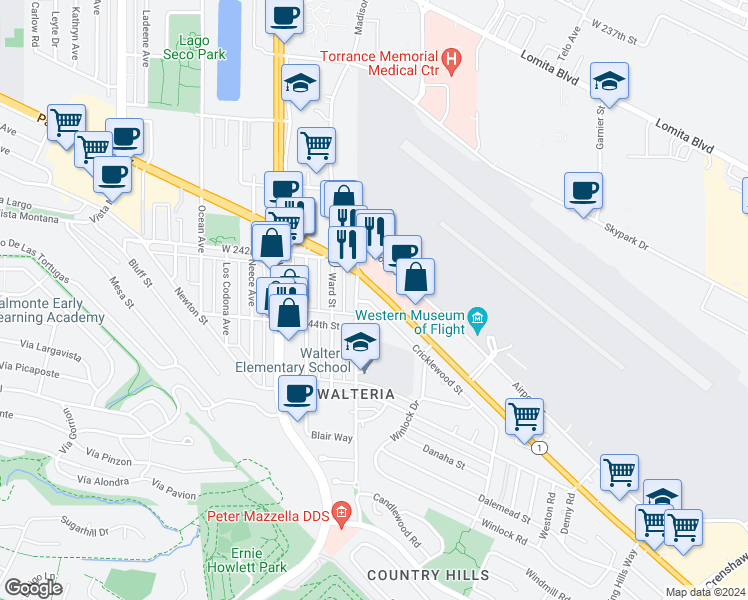 map of restaurants, bars, coffee shops, grocery stores, and more near 3527 Cricklewood Street in Torrance