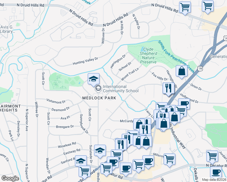 map of restaurants, bars, coffee shops, grocery stores, and more near 2485 Wood Trail Lane in Decatur