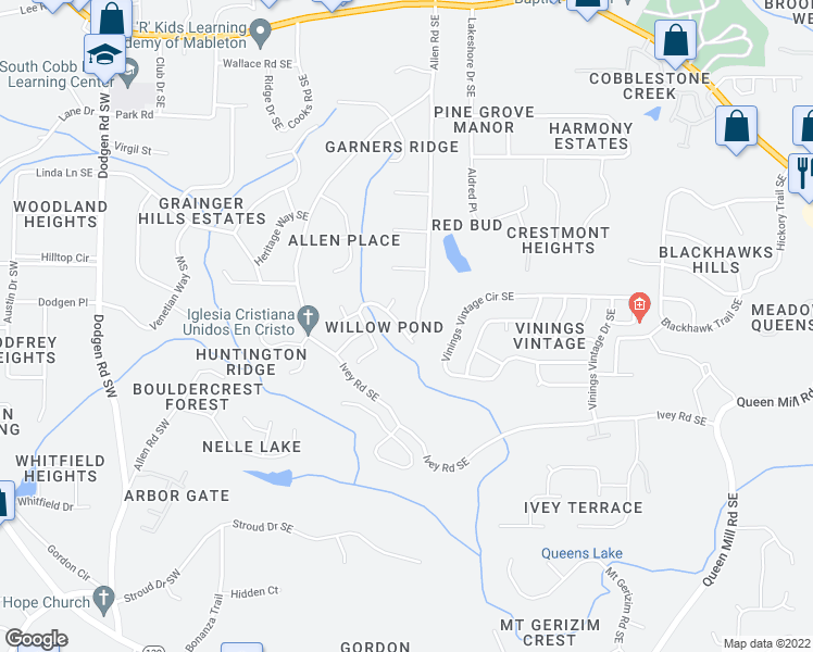 map of restaurants, bars, coffee shops, grocery stores, and more near 230 Clydesdale Lane Southeast in Mableton