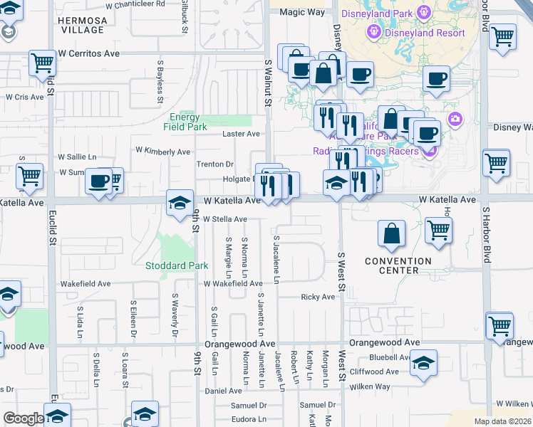 map of restaurants, bars, coffee shops, grocery stores, and more near 1201 West Stella Avenue in Anaheim