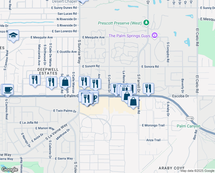 map of restaurants, bars, coffee shops, grocery stores, and more near 2026 Normandy Court in Palm Springs