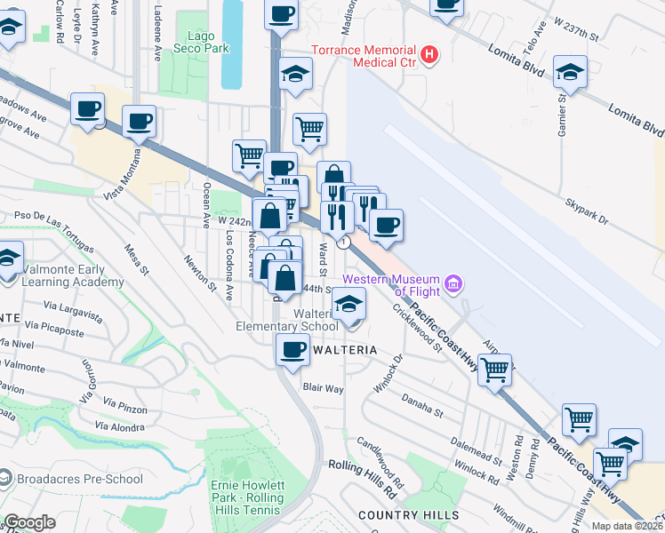 map of restaurants, bars, coffee shops, grocery stores, and more near 24242 Ward Street in Torrance
