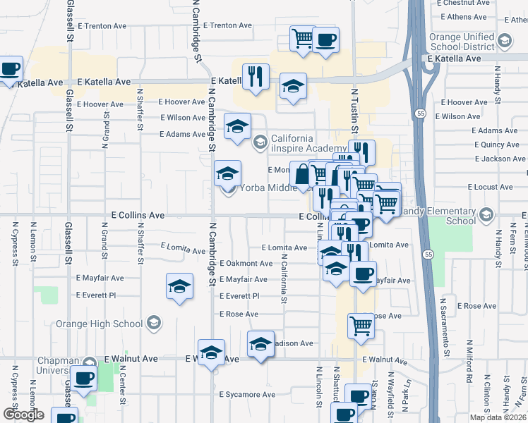 map of restaurants, bars, coffee shops, grocery stores, and more near 1145 East Collins Avenue in Orange