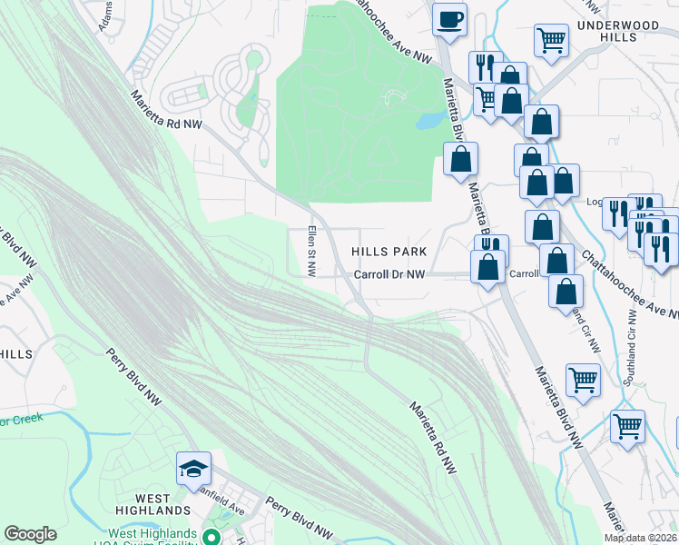 map of restaurants, bars, coffee shops, grocery stores, and more near 1736 Marietta Road Northwest in Atlanta