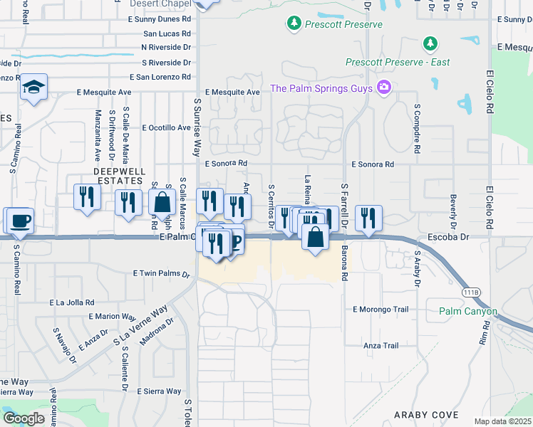 map of restaurants, bars, coffee shops, grocery stores, and more near 1631 South Cerritos Drive in Palm Springs
