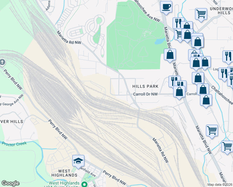 map of restaurants, bars, coffee shops, grocery stores, and more near 1734 Ellen Street Northwest in Atlanta