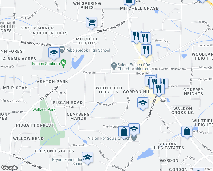 map of restaurants, bars, coffee shops, grocery stores, and more near 6213 Florrie Drive in Mableton