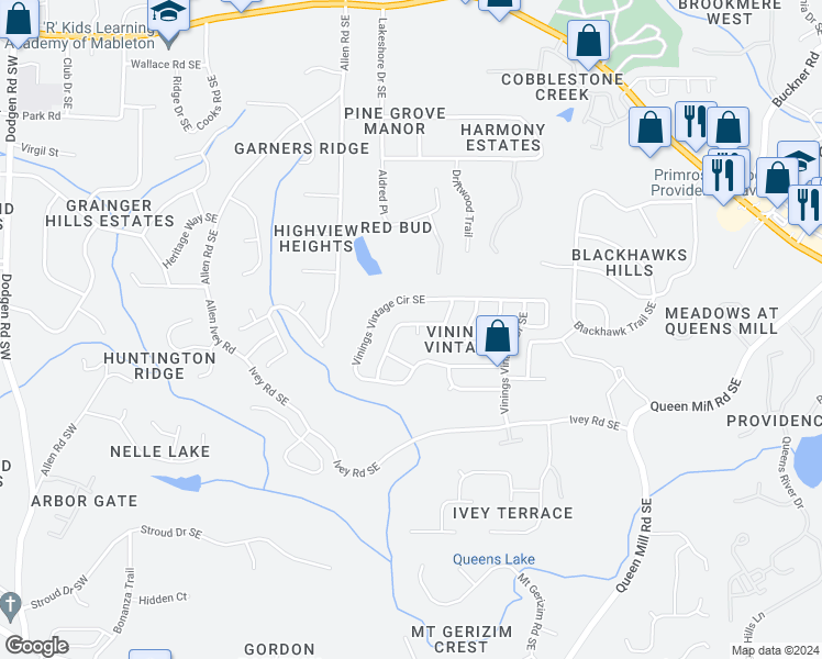 map of restaurants, bars, coffee shops, grocery stores, and more near 5904 Vintage Oak Pass Southeast in Mableton