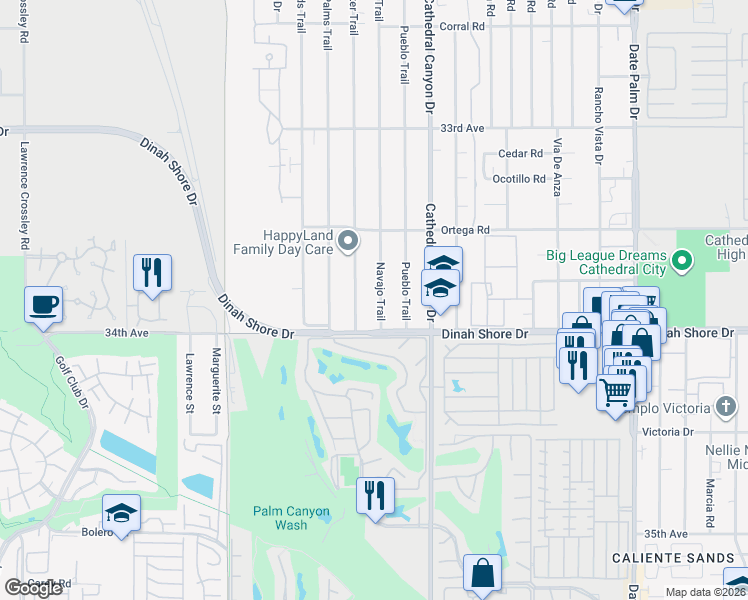 map of restaurants, bars, coffee shops, grocery stores, and more near 33835 Navajo Trail in Cathedral City