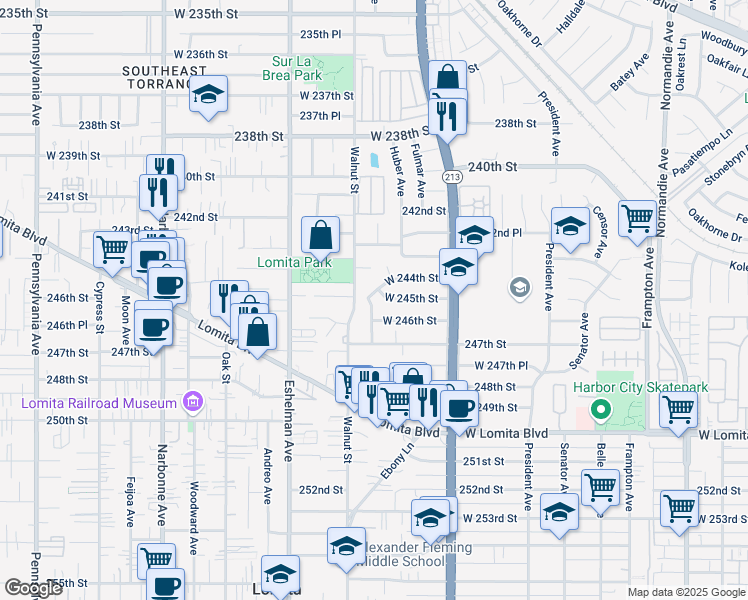 map of restaurants, bars, coffee shops, grocery stores, and more near 1844 West 244th Street in Torrance