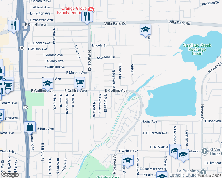 map of restaurants, bars, coffee shops, grocery stores, and more near 3206 East Juniper Avenue in Orange