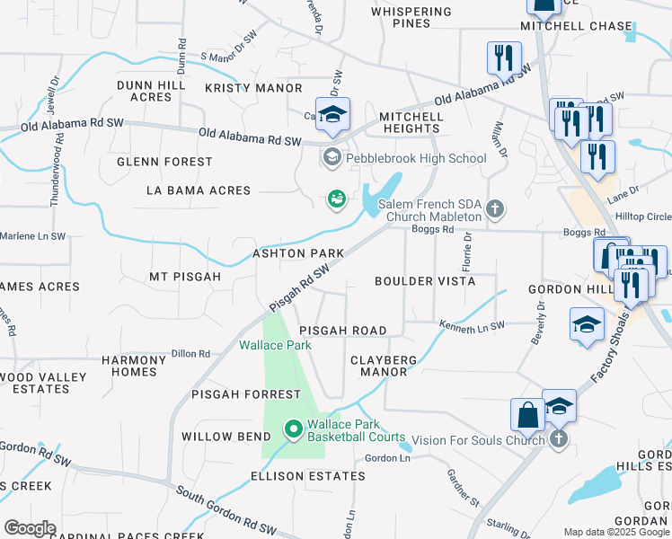 map of restaurants, bars, coffee shops, grocery stores, and more near 6201 Pisgah Road Southwest in Mableton
