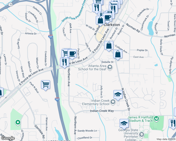 map of restaurants, bars, coffee shops, grocery stores, and more near 794 Glynn Oaks Drive in Clarkston